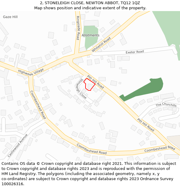 2, STONELEIGH CLOSE, NEWTON ABBOT, TQ12 1QZ: Location map and indicative extent of plot