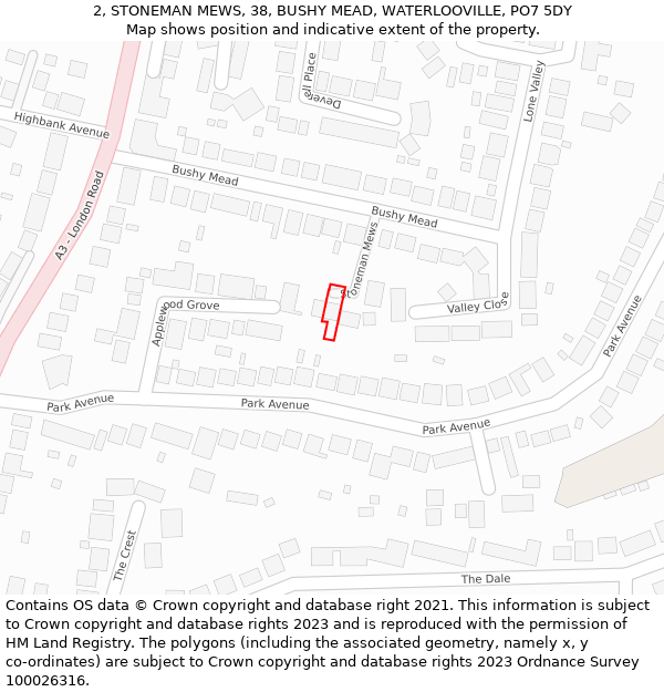 2, STONEMAN MEWS, 38, BUSHY MEAD, WATERLOOVILLE, PO7 5DY: Location map and indicative extent of plot