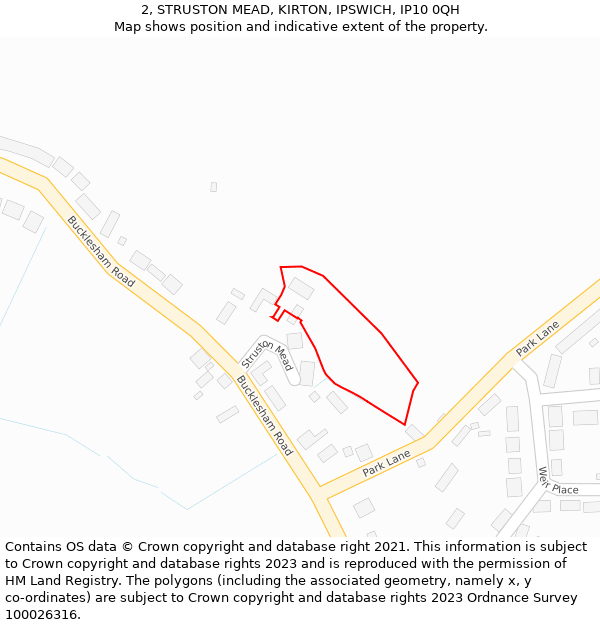 2, STRUSTON MEAD, KIRTON, IPSWICH, IP10 0QH: Location map and indicative extent of plot