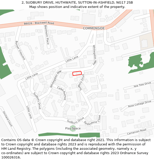 2, SUDBURY DRIVE, HUTHWAITE, SUTTON-IN-ASHFIELD, NG17 2SB: Location map and indicative extent of plot