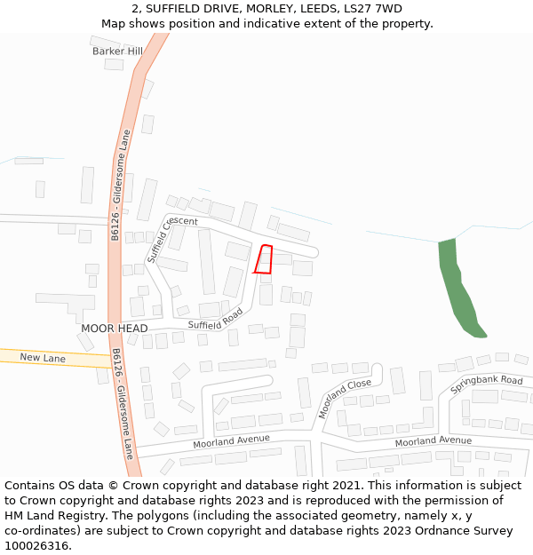 2, SUFFIELD DRIVE, MORLEY, LEEDS, LS27 7WD: Location map and indicative extent of plot