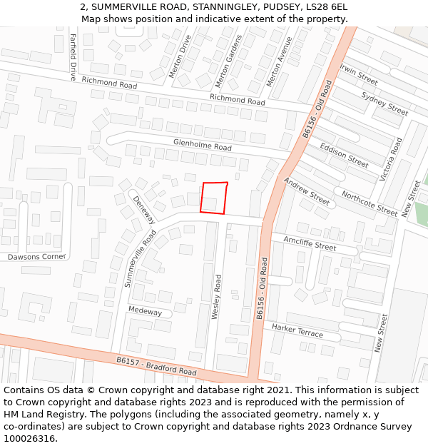 2, SUMMERVILLE ROAD, STANNINGLEY, PUDSEY, LS28 6EL: Location map and indicative extent of plot
