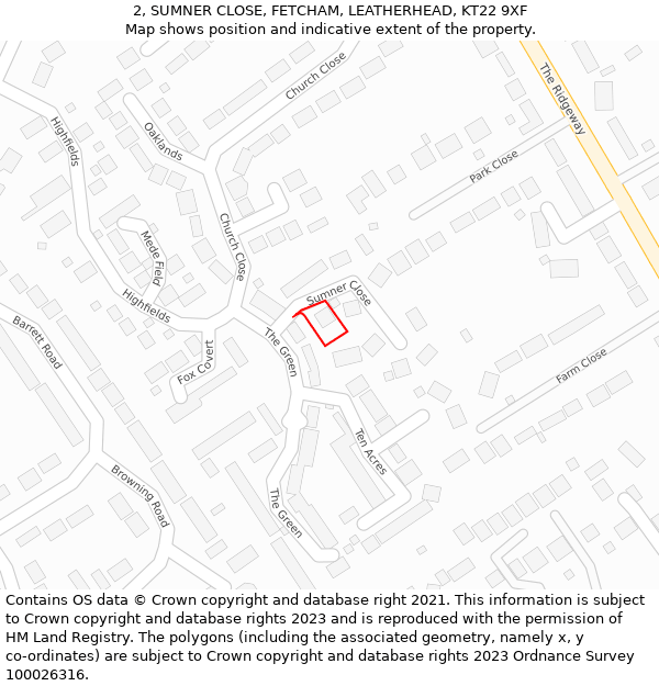 2, SUMNER CLOSE, FETCHAM, LEATHERHEAD, KT22 9XF: Location map and indicative extent of plot