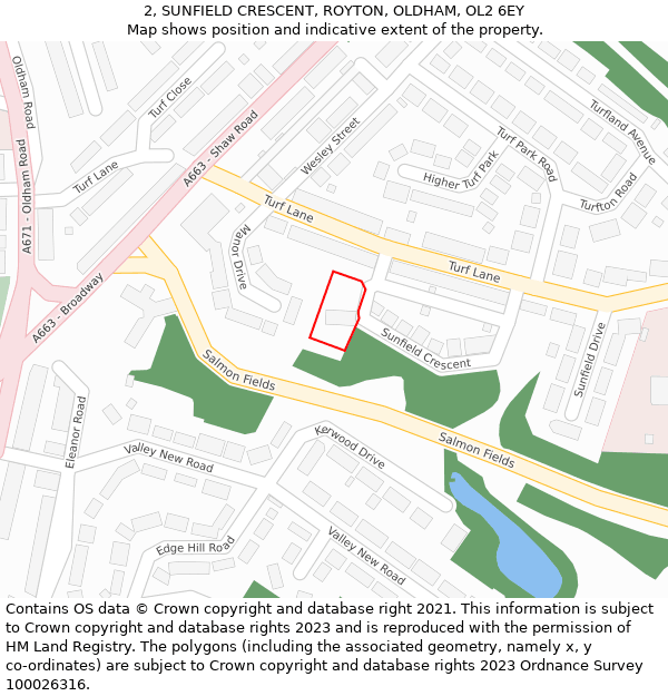 2, SUNFIELD CRESCENT, ROYTON, OLDHAM, OL2 6EY: Location map and indicative extent of plot