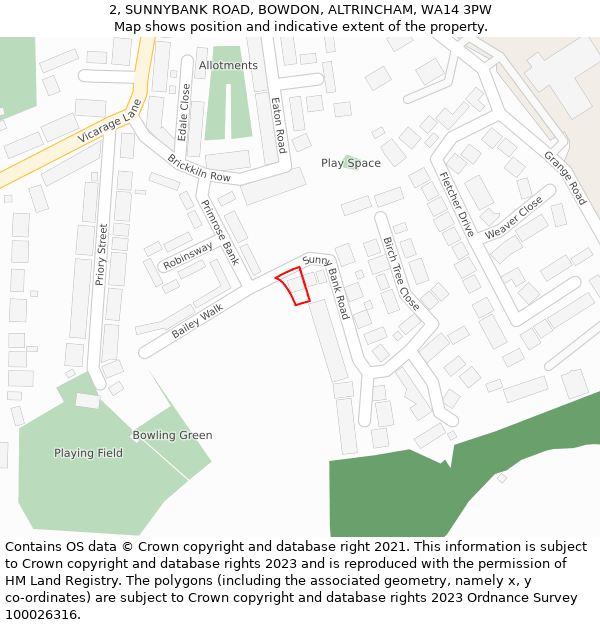 2, SUNNYBANK ROAD, BOWDON, ALTRINCHAM, WA14 3PW: Location map and indicative extent of plot