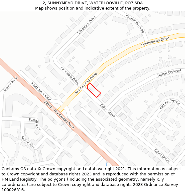 2, SUNNYMEAD DRIVE, WATERLOOVILLE, PO7 6DA: Location map and indicative extent of plot