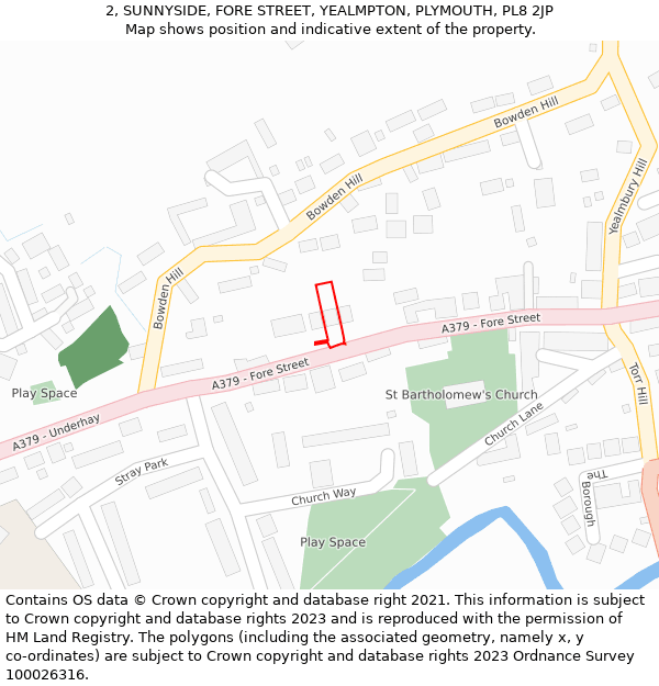 2, SUNNYSIDE, FORE STREET, YEALMPTON, PLYMOUTH, PL8 2JP: Location map and indicative extent of plot