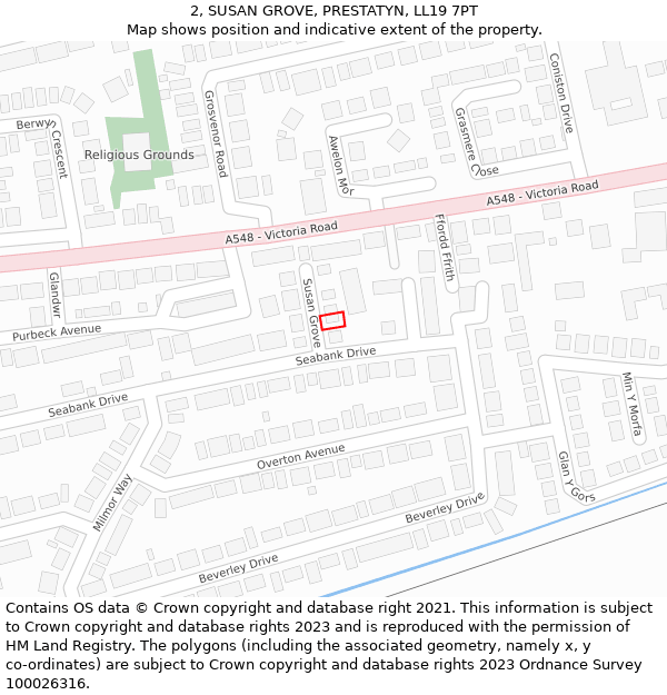 2, SUSAN GROVE, PRESTATYN, LL19 7PT: Location map and indicative extent of plot