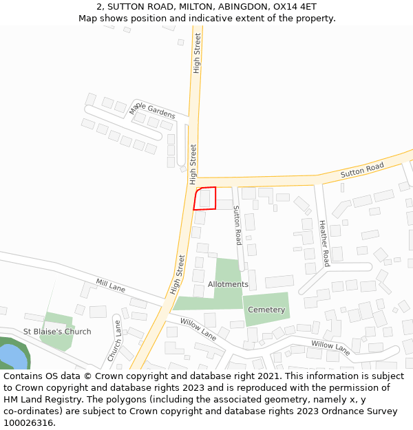 2, SUTTON ROAD, MILTON, ABINGDON, OX14 4ET: Location map and indicative extent of plot