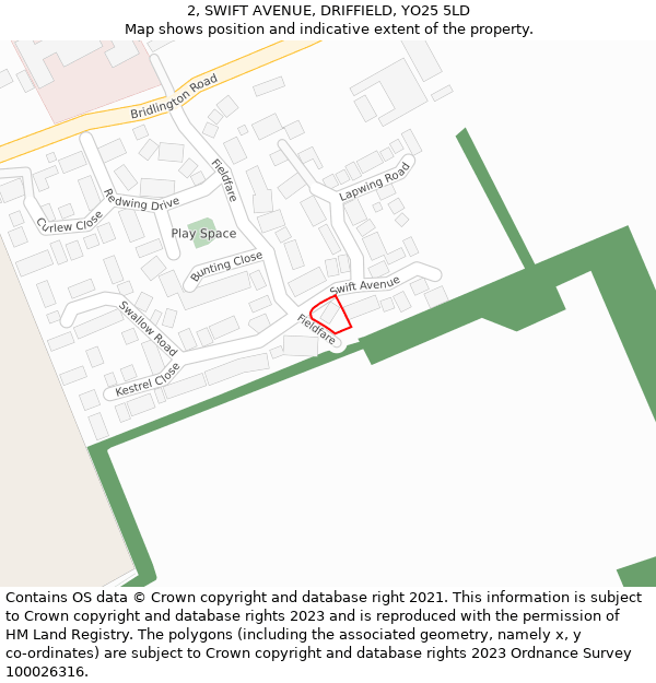 2, SWIFT AVENUE, DRIFFIELD, YO25 5LD: Location map and indicative extent of plot