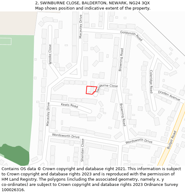 2, SWINBURNE CLOSE, BALDERTON, NEWARK, NG24 3QX: Location map and indicative extent of plot