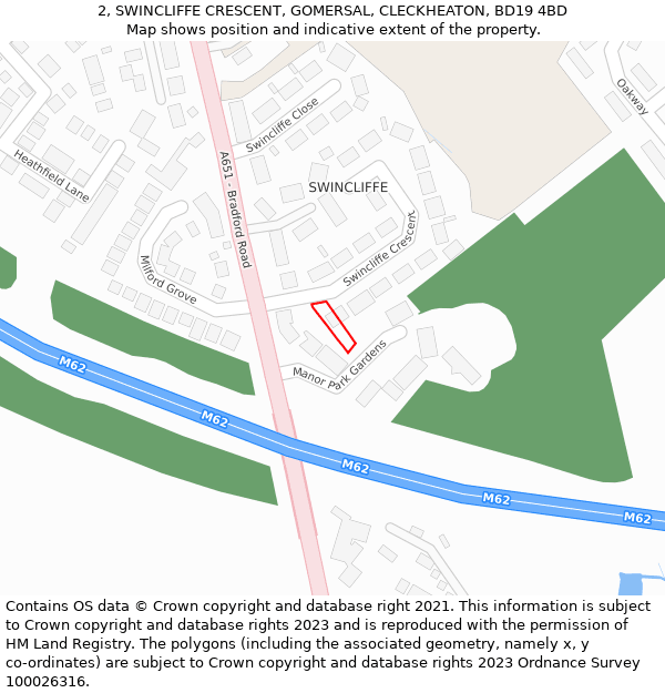 2, SWINCLIFFE CRESCENT, GOMERSAL, CLECKHEATON, BD19 4BD: Location map and indicative extent of plot