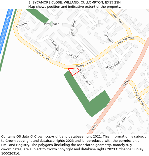 2, SYCAMORE CLOSE, WILLAND, CULLOMPTON, EX15 2SH: Location map and indicative extent of plot