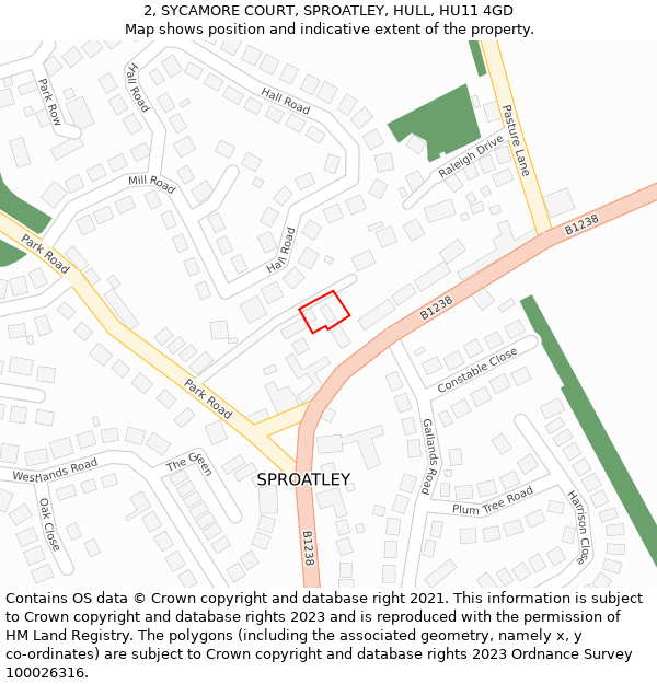 2, SYCAMORE COURT, SPROATLEY, HULL, HU11 4GD: Location map and indicative extent of plot
