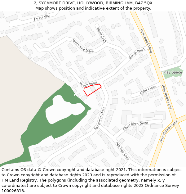 2, SYCAMORE DRIVE, HOLLYWOOD, BIRMINGHAM, B47 5QX: Location map and indicative extent of plot