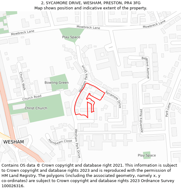 2, SYCAMORE DRIVE, WESHAM, PRESTON, PR4 3FG: Location map and indicative extent of plot