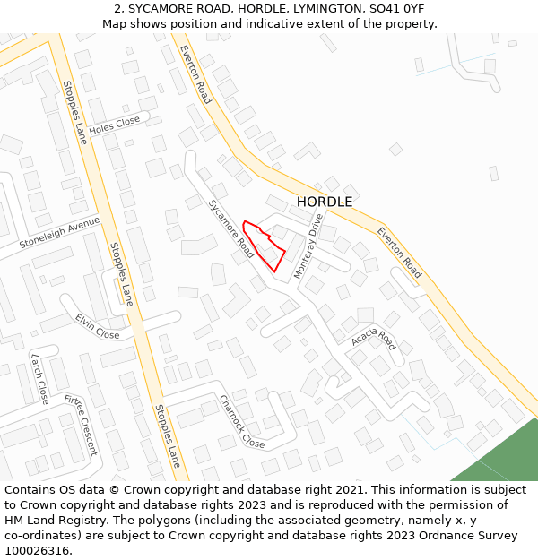 2, SYCAMORE ROAD, HORDLE, LYMINGTON, SO41 0YF: Location map and indicative extent of plot