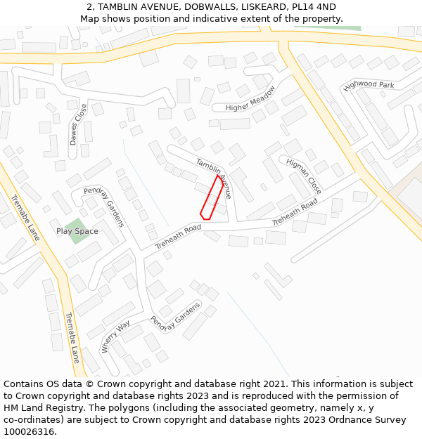 2, TAMBLIN AVENUE, DOBWALLS, LISKEARD, PL14 4ND: Location map and indicative extent of plot