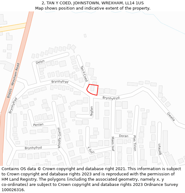 2, TAN Y COED, JOHNSTOWN, WREXHAM, LL14 1US: Location map and indicative extent of plot