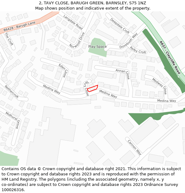 2, TAVY CLOSE, BARUGH GREEN, BARNSLEY, S75 1NZ: Location map and indicative extent of plot