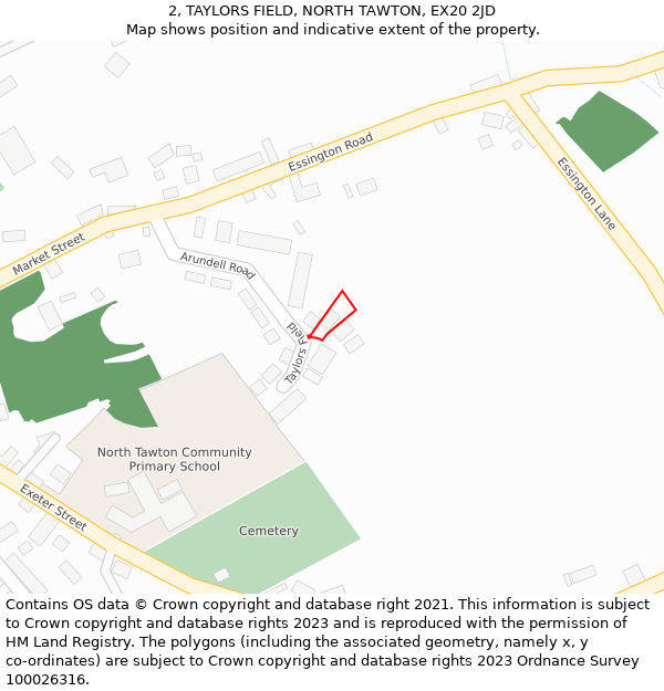 2, TAYLORS FIELD, NORTH TAWTON, EX20 2JD: Location map and indicative extent of plot