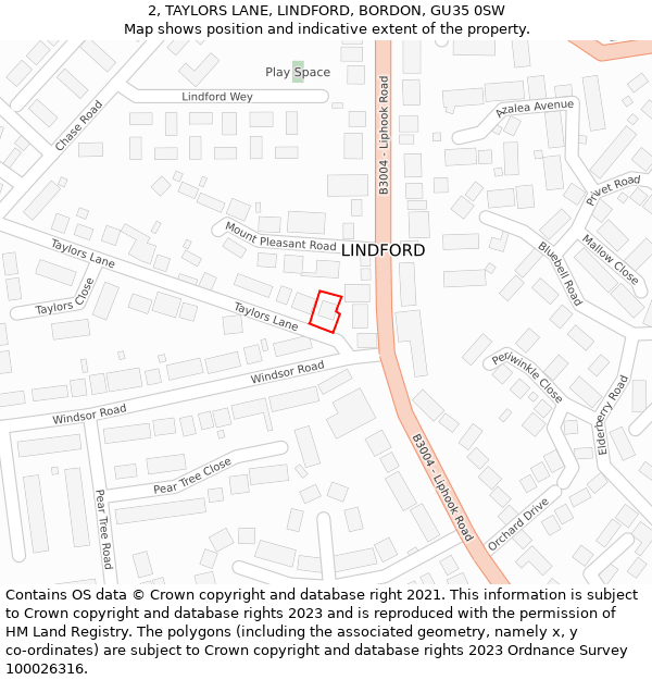 2, TAYLORS LANE, LINDFORD, BORDON, GU35 0SW: Location map and indicative extent of plot