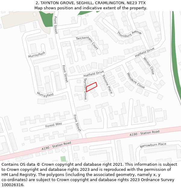 2, TAYNTON GROVE, SEGHILL, CRAMLINGTON, NE23 7TX: Location map and indicative extent of plot