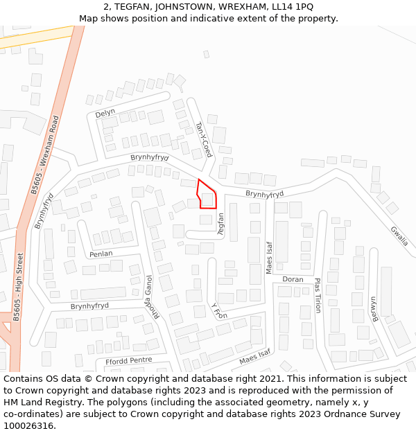 2, TEGFAN, JOHNSTOWN, WREXHAM, LL14 1PQ: Location map and indicative extent of plot