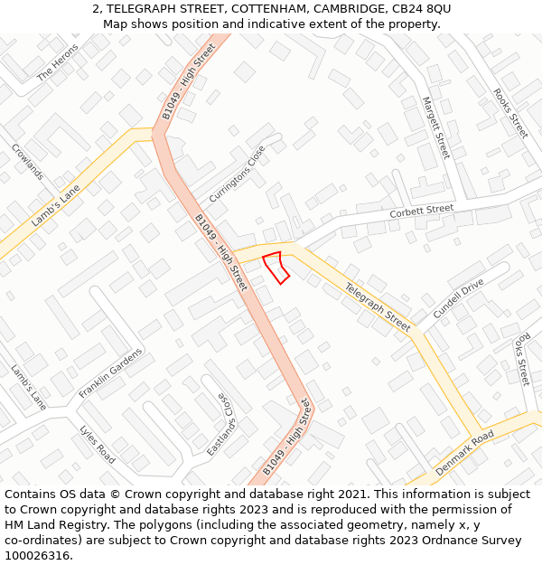2, TELEGRAPH STREET, COTTENHAM, CAMBRIDGE, CB24 8QU: Location map and indicative extent of plot