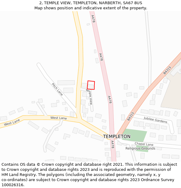 2, TEMPLE VIEW, TEMPLETON, NARBERTH, SA67 8US: Location map and indicative extent of plot