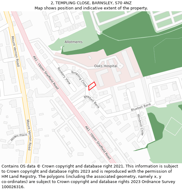 2, TEMPLING CLOSE, BARNSLEY, S70 4NZ: Location map and indicative extent of plot