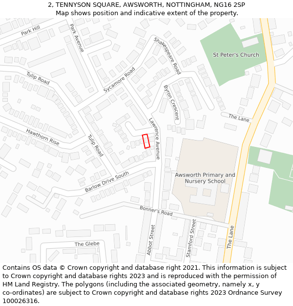 2, TENNYSON SQUARE, AWSWORTH, NOTTINGHAM, NG16 2SP: Location map and indicative extent of plot