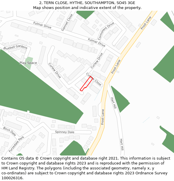 2, TERN CLOSE, HYTHE, SOUTHAMPTON, SO45 3GE: Location map and indicative extent of plot