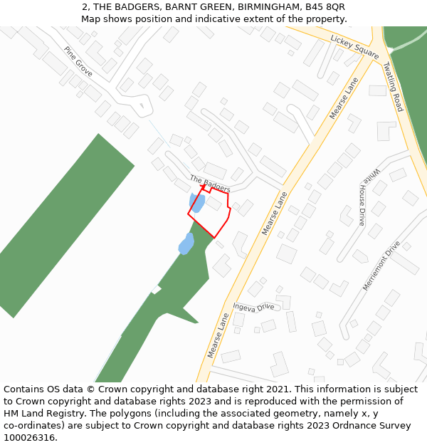 2, THE BADGERS, BARNT GREEN, BIRMINGHAM, B45 8QR: Location map and indicative extent of plot
