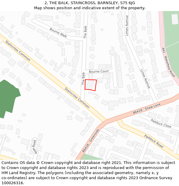 2, THE BALK, STAINCROSS, BARNSLEY, S75 6JG: Location map and indicative extent of plot