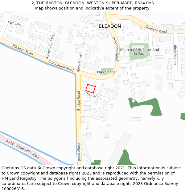 2, THE BARTON, BLEADON, WESTON-SUPER-MARE, BS24 0AS: Location map and indicative extent of plot