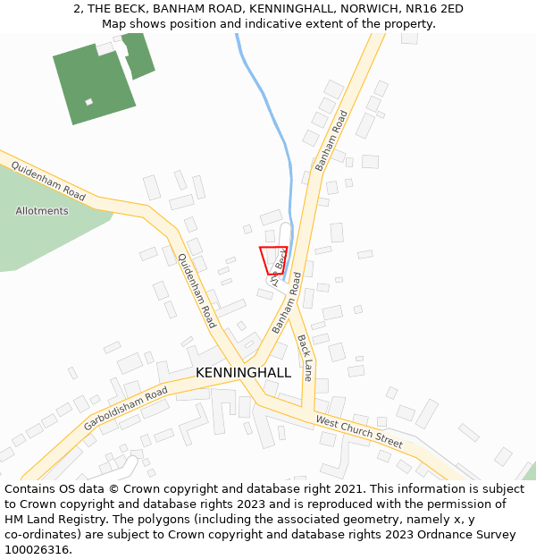 2, THE BECK, BANHAM ROAD, KENNINGHALL, NORWICH, NR16 2ED: Location map and indicative extent of plot
