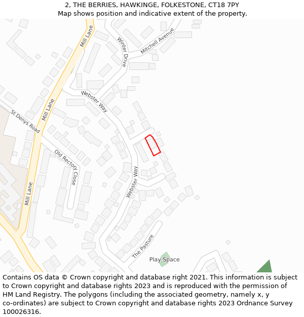 2, THE BERRIES, HAWKINGE, FOLKESTONE, CT18 7PY: Location map and indicative extent of plot