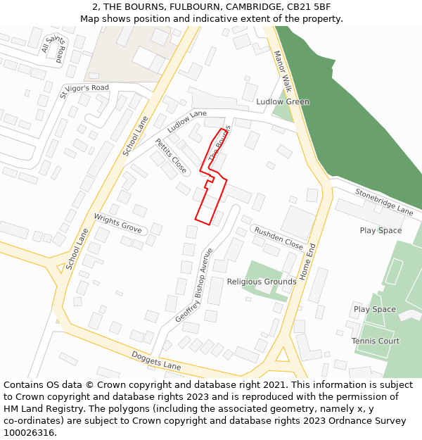 2, THE BOURNS, FULBOURN, CAMBRIDGE, CB21 5BF: Location map and indicative extent of plot