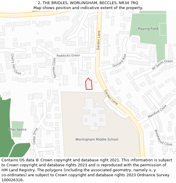 2, THE BRIDLES, WORLINGHAM, BECCLES, NR34 7RQ: Location map and indicative extent of plot