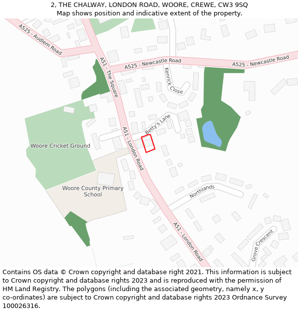 2, THE CHALWAY, LONDON ROAD, WOORE, CREWE, CW3 9SQ: Location map and indicative extent of plot