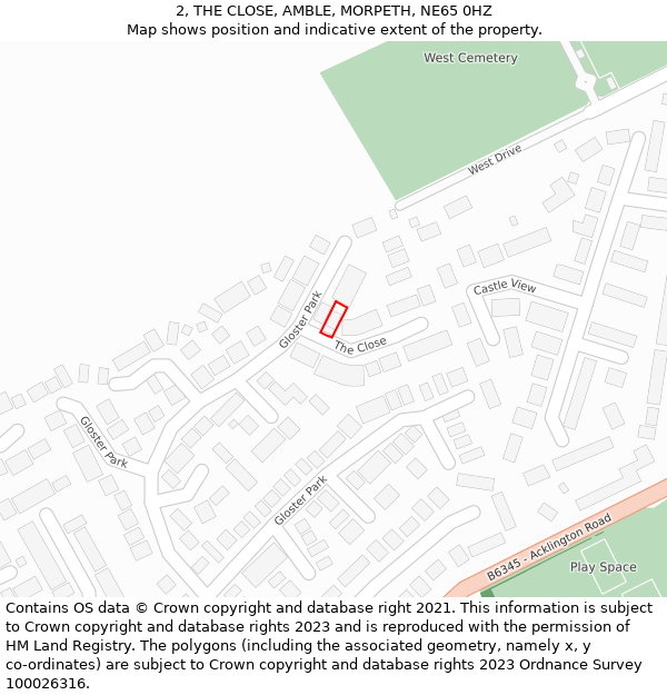 2, THE CLOSE, AMBLE, MORPETH, NE65 0HZ: Location map and indicative extent of plot