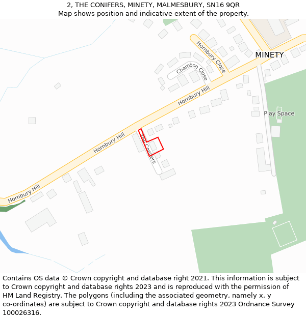 2, THE CONIFERS, MINETY, MALMESBURY, SN16 9QR: Location map and indicative extent of plot