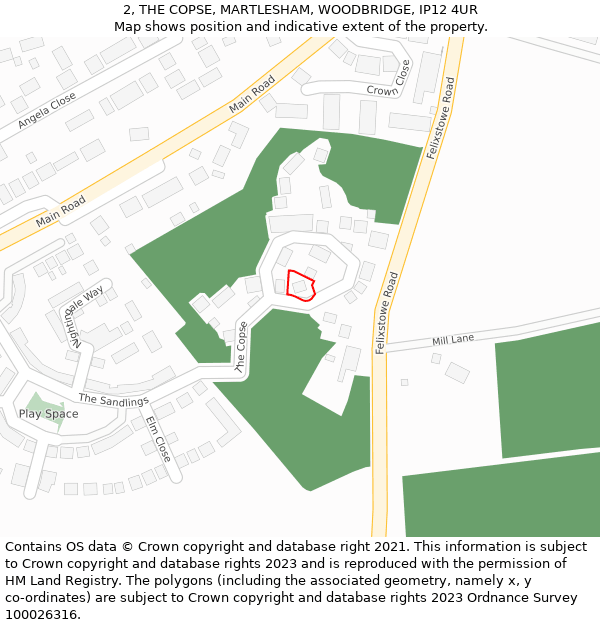 2, THE COPSE, MARTLESHAM, WOODBRIDGE, IP12 4UR: Location map and indicative extent of plot