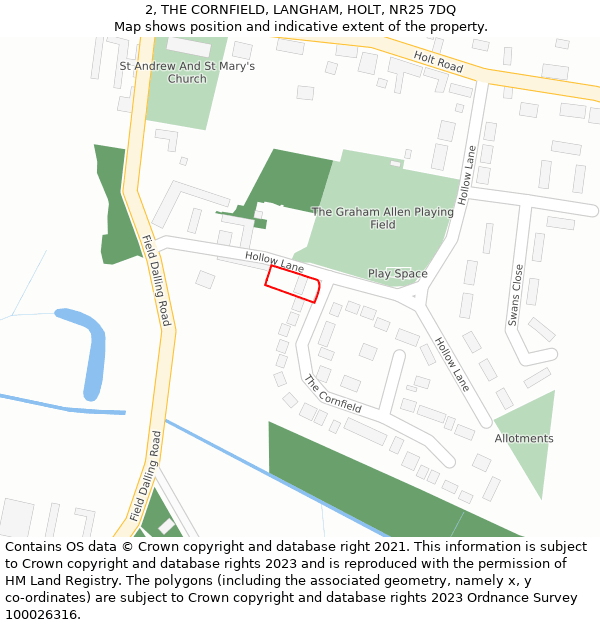 2, THE CORNFIELD, LANGHAM, HOLT, NR25 7DQ: Location map and indicative extent of plot