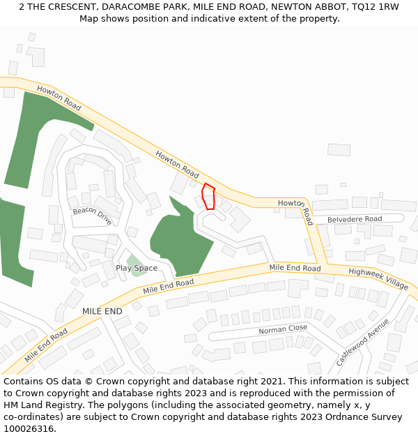 2 THE CRESCENT, DARACOMBE PARK, MILE END ROAD, NEWTON ABBOT, TQ12 1RW: Location map and indicative extent of plot