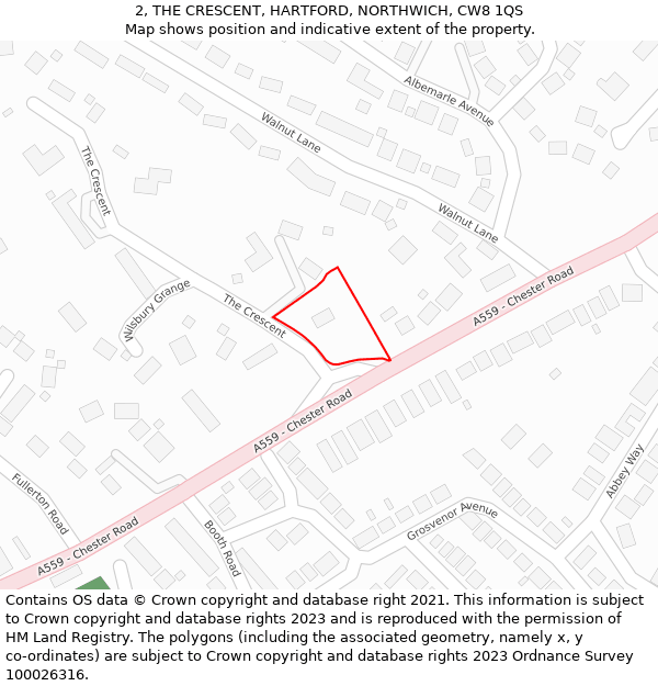 2, THE CRESCENT, HARTFORD, NORTHWICH, CW8 1QS: Location map and indicative extent of plot