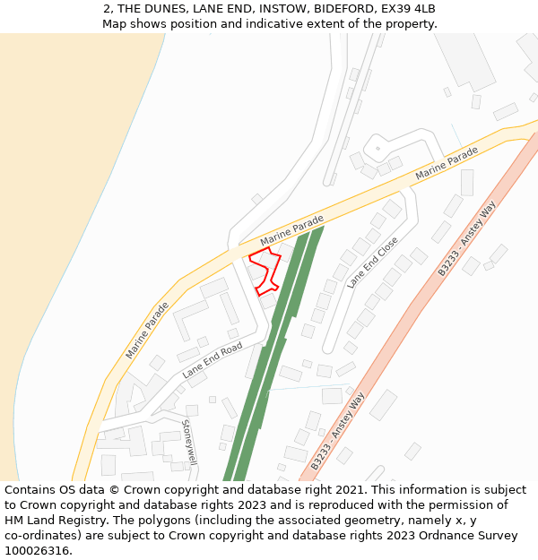 2, THE DUNES, LANE END, INSTOW, BIDEFORD, EX39 4LB: Location map and indicative extent of plot