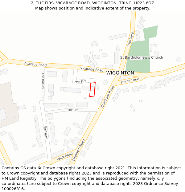 2, THE FIRS, VICARAGE ROAD, WIGGINTON, TRING, HP23 6DZ: Location map and indicative extent of plot