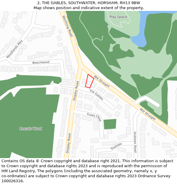 2, THE GABLES, SOUTHWATER, HORSHAM, RH13 9BW: Location map and indicative extent of plot